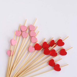 100-Pack Red/Pink Bamboo Skewers 5", Heart Design Biodegradable Cocktail Sticks - Eco Friendly Fruit Appetizer Party Picks